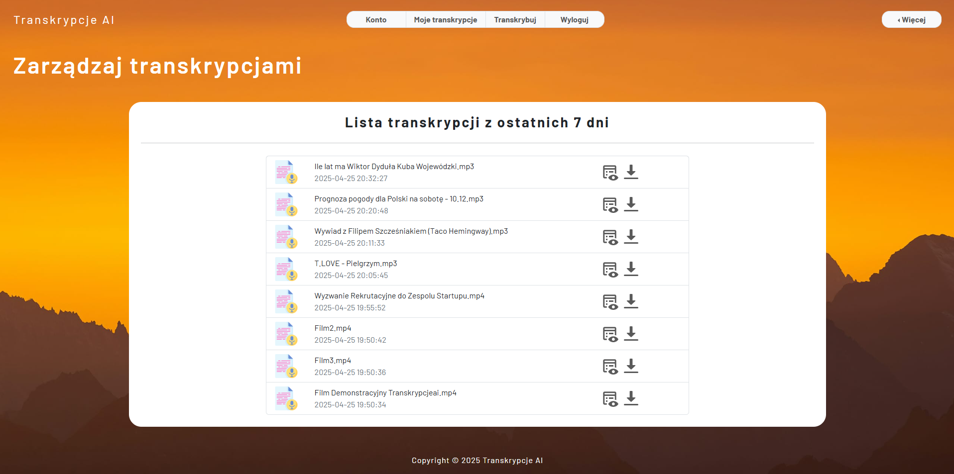 lista zrealizowanych transkrypcji